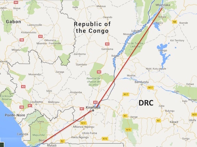 The red lines show the main trade routes from the Mayumbe Forest in the west and Mbandaka down-river in the north east.